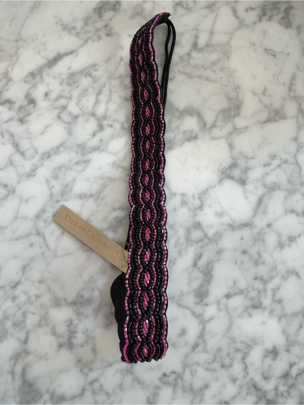 Deepa Gurnani Pink & Black Seed Bead Elastic Headband NWT